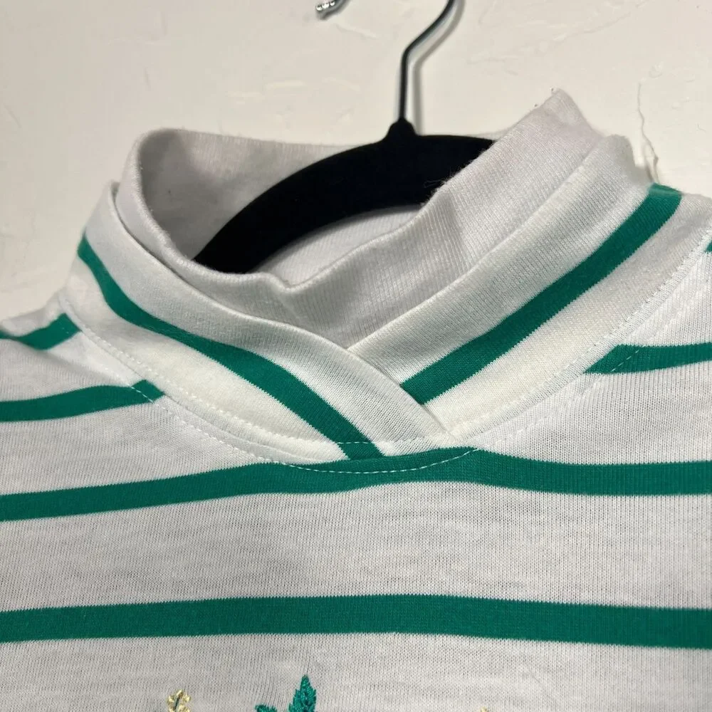 Vintage Mock Neck Sweatshirt Erika Green White Striped Floral Cottagecore Sz SP - Picture 6 of 11